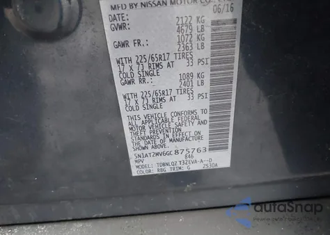 2016 Nissan Rogue Sv z USA, uszkodzony, nr VIN 5N1AT2MV6GC875763